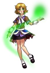 Rule 34 | 1girl, ankle socks, blonde hair, blush, expressionless, full body, glowing, green eyes, leg warmers, mary janes, mizuhashi parsee, paigeling, pointy ears, shirt, shoes, short hair, skirt, socks, solo, touhou, white background, wrist cuffs
