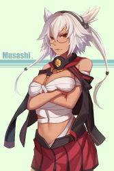 Rule 34 | 10s, 1girl, bare shoulders, breasts, commentary request, crossed arms, dark-skinned female, dark skin, female focus, glasses, headgear, highres, jacket, kantai collection, large breasts, looking at viewer, midriff, musashi (kancolle), nian (zhanian), open clothes, open jacket, pointy hair, red eyes, sarashi, silver hair, simple background, skirt, solo, twintails