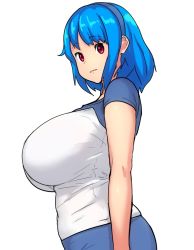 Rule 34 | 1girl, blue hair, blue sleeves, breasts, erkaz, expressionless, eyebrows, flat color, from side, highres, huge breasts, lips, looking at viewer, medium hair, original, pants, red eyes, rina atherina, shirt, sideboob, two-tone shirt, white background, white shirt