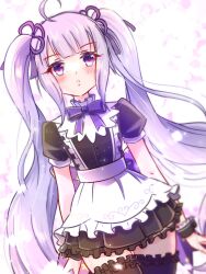 Rule 34 | 1girl, ahoge, anjou seira, apron, arms at sides, assault lily, black dress, black thighhighs, blunt bangs, blurry, blush, bow, bowtie, buttons, commentary request, cowboy shot, depth of field, dress, dutch angle, frilled dress, frilled thighhighs, frills, grey hair, hair ribbon, heart, heart print, highres, light particles, long hair, looking at viewer, maid, miriam hildegard von gropius, official alternate costume, parted lips, print apron, puffy short sleeves, puffy sleeves, purple bow, purple bowtie, purple eyes, purple ribbon, ribbon, short sleeves, sidelocks, simple background, solo, standing, thighhighs, twintails, very long hair, waist apron, white apron, white background, wrist cuffs, zettai ryouiki