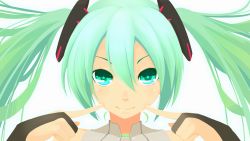 Rule 34 | 1girl, bridal gauntlets, female focus, finger to face, green eyes, green hair, hatsune miku, hatsune miku (append), highres, matching hair/eyes, mijuku mikan, portrait, smile, solo, twintails, vocaloid, vocaloid append, white background