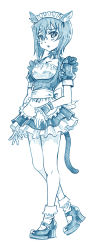 Rule 34 | 1girl, alternate costume, animal ears, apron, bbb (friskuser), blue theme, blush, bobby socks, cat ears, cat tail, choker, commentary, dress, enmaided, fake animal ears, fake tail, frilled apron, frilled dress, frilled wrist cuffs, frills, frown, girls und panzer, high heels, highres, kawashima momo, light blush, looking at viewer, maid, maid headdress, mary janes, monochrome, monocle, parted lips, puffy short sleeves, puffy sleeves, ribbon choker, semi-rimless eyewear, shoes, short dress, short hair, short sleeves, socks, solo, standing, tail, under-rim eyewear, waist apron, wrist cuffs