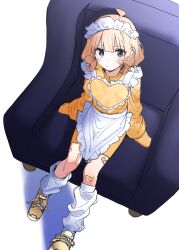 Rule 34 | 1girl, absurdres, ahoge, apron, arm support, bandaid, bandaid on knee, bandaid on leg, bike shorts, blue eyes, blush, brown hair, closed mouth, commentary, couch, expressionless, frilled apron, frills, from above, heart apron, highres, idolmaster, idolmaster million live!, jacket, legs, long sleeves, looking at viewer, maid headdress, medium hair, meeeeeeco359, shoes, shorts, sidelocks, sitting, sleeves past fingers, sleeves past wrists, sneakers, solo, suou momoko, track jacket, wavy hair, white apron, white background, white leg warmers, yellow footwear, yellow jacket, yellow shorts