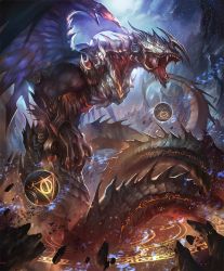 Rule 34 | 10s, armor, artist request, claws, cliff, cygames, destruction, dragon, dragon wings, fangs, magic circle, no humans, official art, open mouth, ouroboros (shadowverse), scales, shadowverse, shingeki no bahamut, orb, wings