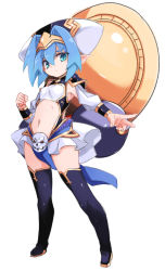 Rule 34 | 1girl, armpit cutout, black thighhighs, blue eyes, blue hair, breasts, clothing cutout, full body, hat, hellmatio, karukan (monjya), looking at viewer, navel, pelvic curtain, pointy ears, shinrabanshou, short hair, simple background, small breasts, solo, standing, thighhighs, white background