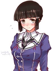 Rule 34 | 1girl, black hair, blunt bangs, blush, breasts, brown eyes, closed mouth, commentary request, dated, flying sweatdrops, hair ornament, hairclip, izumikuma, kantai collection, long sleeves, looking at viewer, medium breasts, military, military uniform, myoukou (kancolle), myoukou kai ni (kancolle), simple background, solo, twitter username, uniform, upper body, white background