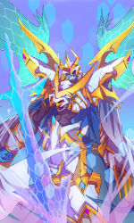 Rule 34 | 1boy, absurdres, armor, cape, claws, digimon, energy sword, energy wings, gauntlets, highres, imperialdramon, imperialdramon paladin mode, knight, looking at viewer, nateasora, purple eyes, spikes, sword, weapon, wings