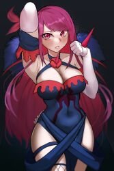 Rule 34 | 1girl, a big brother, arm up, armpits, black background, blue dress, breasts, cleavage, covered navel, cowboy shot, dress, elbow gloves, fire emblem, fire emblem engage, gloves, hand up, highres, ivy (fire emblem), large breasts, long hair, looking at viewer, multicolored clothes, nintendo, no headwear, parted lips, purple eyes, purple hair, simple background, solo, standing, thighs, very long hair, white gloves
