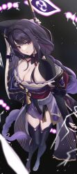 Rule 34 | 1girl, absurdres, black background, braid, breasts, bridal gauntlets, cleavage, commentary request, from above, full body, genshin impact, hair ornament, highres, holding, japanese clothes, kimono, large breasts, long hair, looking at viewer, low-braided long hair, low-tied long hair, mole, mole under eye, nail polish, parted lips, purple eyes, purple hair, purple kimono, purple nails, purple thighhighs, raiden shogun, solo, thighhighs, thighs, yamikyon
