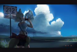 Rule 34 | 1girl, animal ear fluff, animal ears, arm up, ass, bag, bare arms, bare shoulders, beleven, bike shorts, bike shorts under skirt, blue sky, bottle, bra strap, choker, clothing cutout, cloud, cowboy shot, coyote (kemono friends), dated, day, drinking, drinking straw, fisheye, from side, grass, grasslands, hand up, highres, holding, holding bottle, holding map, kemono friends, kemono friends v project, letterboxed, looking at object, map, md5 mismatch, medium hair, midriff, off-shoulder shirt, off shoulder, outdoors, paid reward available, resolution mismatch, road, road sign, scenery, shirt, short sleeves, shoulder bag, sign, skirt, sky, solo, source larger, tail, tail through clothes, tan, virtual youtuber, wolf ears, wolf tail, yellow eyes
