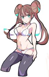 Rule 34 | 1girl, alternate eye color, armpit crease, armpits, blush, bow, bow bra, bow panties, bra, breasts, brown hair, cleavage, creatures (company), double bun, doughnut hair bun, enpe, feet out of frame, game freak, green eyes, hair between eyes, hair bun, highres, lingerie, long hair, looking at viewer, medium breasts, midriff, navel, nintendo, open mouth, panties, parted lips, pink bow, pokemon, pokemon bw2, removing legwear, rosa (pokemon), simple background, stomach, thigh gap, thighhighs, thighs, underwear, white background, white bra, white panties