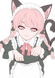 Rule 34 | 1girl, :3, alternate costume, animal ear fluff, animal ears, black bow, blunt bangs, bow, braid, breasts, cat ears, cat tail, closed mouth, commentary request, enmaided, extra ears, eyebrows hidden by hair, flat color, frilled shirt collar, frills, from above, hair bow, hair ribbon, hands up, highres, kaenbyou rin, leaning forward, long hair, long sleeves, looking at viewer, mahoro (minase mahoro), maid, maid headdress, medium breasts, multiple tails, nekomata, paw pose, pink eyes, pink hair, ribbon, simple background, solo, straight-on, tail, touhou, tress ribbon, tsurime, twin braids, two tails, unfinished, white background