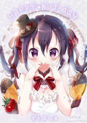 Rule 34 | 1girl, 2017, absurdres, apron, bare arms, birthday, blush, breasts, breasts squeezed together, candy, character name, chocolate, chocolate covered strawberry, chocolate heart, cleavage, covered mouth, dated, detached collar, english text, eyelashes, food, frills, fruit, gochuumon wa usagi desu ka?, hair between eyes, hair ribbon, happy birthday, hat, hat ribbon, heart, heart-shaped pupils, heart hands, highres, long hair, looking at viewer, medium breasts, mini hat, mini top hat, neck ribbon, neki (wakiko), orange (fruit), orange slice, purple eyes, purple hair, red ribbon, ribbon, solo, strawberry, symbol-shaped pupils, tedeza rize, top hat, twintails, twitter username, upper body, valentine, white apron