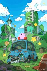 Rule 34 | absurdres, bandana waddle dee, blue sky, building, car, city, cloud, cloudy sky, elfilin, flower, grass, highres, kirby, kirby&#039;s dream land, kirby (series), kirby and the forgotten land, looking up, motor vehicle, nintendo, no humans, outdoors, road sign, ruins, shimarisu yukichi, sign, sitting, sky, sleeping, star (symbol), traffic cone, vehicle focus