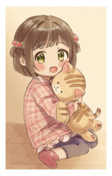 Rule 34 | 1girl, aged down, blush, bow, brown hair, child, commentary request, fang, frilled shirt, frills, green eyes, hair bow, highres, holding, holding stuffed toy, idolmaster, idolmaster cinderella girls, looking at viewer, maekawa miku, open mouth, shirt, short hair, sitting, smile, socks, solo, stuffed animal, stuffed cat, stuffed toy, tori ririisu, two side up