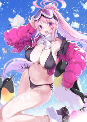 Rule 34 | 2girls, animal, bikini, bird, black bikini, blue archive, blush, boots, breasts, cleavage, eimi (blue archive), eimi (swimsuit) (blue archive), goggles, goggles on head, halo, himari (blue archive), jacket, large breasts, long hair, long sleeves, looking at viewer, multiple girls, navel, off shoulder, official alternate costume, ohland, open clothes, open jacket, open mouth, out-of-season outfit, padded jacket, penguin, pink eyes, pink hair, pink halo, pink jacket, ponytail, scarf, ski goggles, smile, solo, swimsuit, very long hair, white scarf, winter clothes, winter out-of-season outfit