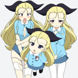 Rule 34 | 3girls, arm grab, assam (girls und panzer), black footwear, black ribbon, blonde hair, blue eyes, blue shirt, blue skirt, blush, blush stickers, breasts, child, cleavage, clenched hand, closed mouth, collared shirt, commentary, constricted pupils, covering privates, emblem, frown, girls und panzer, hair pulled back, hair ribbon, hand on own chest, ichinose jun, kindergarten uniform, long hair, long sleeves, looking at viewer, medium breasts, miniskirt, multiple girls, navel, no bra, open mouth, pantyhose, ribbon, shirt, shirt tug, shoes, simple background, skirt, skirt tug, smile, st. gloriana&#039;s (emblem), standing, sweatdrop, time paradox, torn clothes, torn legwear, undersized clothes, white background, white legwear, aged down