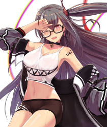 Rule 34 | 1girl, alternate costume, armpits, azur lane, baggy clothes, bicycle, bike shorts, black-framed eyewear, black hair, black legwear, black shorts, blush, bodypaint, breasts, buckle, casual, character name, choker, chromatic aberration, cleavage, clothes writing, collarbone, commentary request, cross, cross choker, crossed bangs, earrings, floating hair, glasses, hair between eyes, hair ornament, hand on own head, hand to own head, head tilt, highres, iron cross, jacket, jewelry, leg up, long hair, looking at viewer, medium breasts, multicolored hair, navel, no bra, off shoulder, one eye closed, one side up, open clothes, open jacket, open mouth, red eyes, semi-rimless eyewear, shirt, shoes, shorts, sidelocks, silver hair, solo, stomach, strap, streaked hair, sweat, tank top, tied shirt, u-47 (azur lane), u-47 (rookie rider) (azur lane), unzipped, very long hair, wind, wiping sweat, you ni ge shaobing, zipper, zipper pull tab