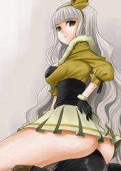 Rule 34 | 00s, 1girl, 961 production, brown eyes, gloves, grey background, hand on own ass, idolmaster, idolmaster (classic), idolmaster 1, long hair, looking back, no panties, shaded face, shijou takane, silver hair, simple background, sitting, sitting on face, sitting on person, skirt, solo focus, sugar (sugarless), thighs, very long hair