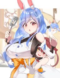 Rule 34 | 3girls, :o, absurdres, angry, animal ear fluff, animal ears, animal scarf, apron, arm up, black bodysuit, black gloves, black leotard, blank eyes, blue hair, blush, bodysuit, bow, bow apron, braid, braided ponytail, breasts, carrot in pocket, chibi, chibi inset, commentary request, cowboy shot, dot nose, drooling, extra ears, frilled shirt collar, frills, full-face blush, fur-trimmed gloves, fur trim, gloves, hair between eyes, hair bow, hair over shoulder, hands up, head steam, heterochromia, highres, holding, holding spatula, hololive, houshou marine, houshou marine (1st costume), hug, hug from behind, indoors, kitchen, kuwapu12, large breasts, leotard, light blue hair, light blush, long hair, looking at another, mature female, mouth drool, multicolored eyes, multicolored hair, multiple girls, open mouth, orange bow, outside border, outstretched arms, pekomama, rabbit ears, rabbit girl, red eyes, red hair, see-through, see-through leotard, short eyebrows, short hair, single bare shoulder, sleeveless, sleeveless jacket, spatula, speech bubble, sweat, teeth, twin braids, twintails, upper teeth only, usada pekora, white apron, white bow, white gloves, white hair, white sleeves, yellow eyes