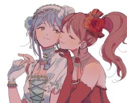 Rule 34 | 2girls, alternate hairstyle, bad id, bad twitter id, bang dream!, blue flower, blue rose, bow, brown eyes, brown hair, closed eyes, commentary request, cross-laced clothes, detached collar, earrings, elbow gloves, flower, gloves, hair bow, hair flower, hair ornament, hair up, hairband, hand on another&#039;s shoulder, holding hands, imai lisa, jewelry, korean commentary, lace-trimmed hairband, lace trim, looking at another, minato yukina, multiple girls, necklace, orange flower, orange rose, pearl necklace, red flower, red gloves, red rose, res2shuu, rose, short sleeves, side ponytail, silver hair, simple background, single elbow glove, single sidelock, smile, striped, striped bow, u u, upper body, white background, white flower, white gloves, white hairband, white rose, yuri