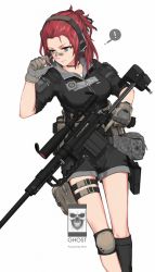 Rule 34 | !, 1girl, blue eyes, bolt action, breasts, brown gloves, gloves, gun, headphones, headset, holding, holding gun, holding weapon, jacket, knee pads, large breasts, looking away, miv4t, original, red hair, rifle, scope, short hair, short sleeves, sniper rifle, solo, speech bubble, spoken exclamation mark, trigger discipline, weapon