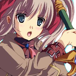 Rule 34 | 1girl, :o, belt, blue eyes, brown hair, choker, coat, enoo, face, female focus, hair ribbon, jaggy lines, long hair, lowres, oekaki, open mouth, raquel applegate, ribbon, solo, sword, weapon, white background, wild arms, wild arms 4