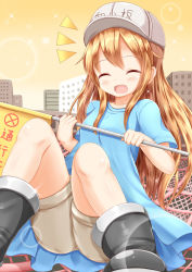 Rule 34 | 10s, 1girl, :d, ^ ^, black footwear, blue shirt, blush, boots, breasts, brown shorts, building, character name, closed eyes, clothes writing, collarbone, commentary request, facing viewer, flag, flat cap, grey hat, hair between eyes, hat, hataraku saibou, highres, holding, holding flag, light brown hair, long hair, open mouth, platelet (hataraku saibou), shirt, short shorts, short sleeves, shorts, sitting, small breasts, smile, solo, sparkle, very long hair, xenon (for achieve)