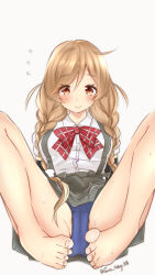 Rule 34 | 1girl, barefoot, blue panties, blush, bow, bowtie, braid, breasts, brown hair, closed mouth, cloud hair ornament, feet, gradient hair, hair between eyes, kantai collection, light brown hair, long hair, looking at viewer, medium breasts, minegumo (kancolle), multicolored hair, nagi (shunsuke-manage), panties, plaid, plaid bow, plaid bowtie, plaid neckwear, pleated skirt, red bow, red bowtie, red eyes, school uniform, shirt, short sleeves, simple background, sitting, skirt, smile, solo, suspenders, twin braids, underwear, white background, white shirt