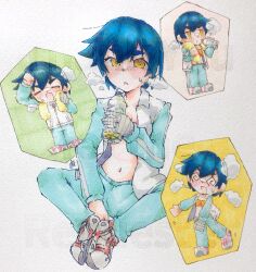 Rule 34 | 1girl, :d, @ @, artist name, bandaged hand, bandages, bandeau, between legs, blue hair, blue jacket, blue pants, blush, bottle, breasts, chibi, chibi inset, cleavage, closed eyes, commentary, commission, drink, drinking, full body, hand between legs, highres, holding, holding drink, holding water, hot, jacket, kanbaru suruga, knees apart feet together, looking at viewer, marker (medium), midriff, motion lines, multiple views, navel, no shirt, on ground, open clothes, open jacket, open mouth, orange bandeau, pants, paper texture, parted lips, plastic bottle, raglan sleeves, red footwear, shoes, short hair, signature, single vertical stripe, sitting, small breasts, smile, sneakers, steaming body, sweat, sweatpants, taste colorful, thick eyebrows, towel, towel around neck, track jacket, traditional media, two-tone footwear, v-shaped eyebrows, very short hair, very sweaty, walking, water bottle, watermark, white background, white footwear, white jacket, yellow eyes, zipper pull tab