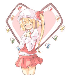 Rule 34 | 1girl, arnest, blonde hair, blush, bow, closed eyes, closed mouth, collared shirt, cropped legs, crystal, flandre scarlet, frilled shirt, frills, hair bow, hands on own chest, hat, heart, juliet sleeves, long sleeves, mob cap, one side up, pleated skirt, puffy sleeves, red bow, red skirt, red vest, shirt, skirt, smile, thighs, touhou, vest, white background, white shirt, wings