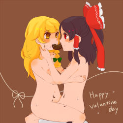 Rule 34 | 2girls, bad id, bad pixiv id, blonde hair, blush, brown background, candy, chocolate, chocolate heart, eye contact, female focus, flat chest, food, hair ribbon, hakurei reimu, hand on another&#039;s face, happy valentine, heart, hovering kousin, kirisame marisa, looking at another, mouth hold, multiple girls, nipples, no headwear, nude, red eyes, red ribbon, ribbon, seiza, shared food, simple background, sitting, straddling, touhou, valentine, yellow eyes, yuri