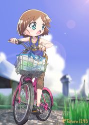 Rule 34 | 1girl, absurdres, bag, bicycle, black footwear, blue eyes, blue shirt, blue sky, blurry, blurry background, blurry foreground, brown hair, brown pants, capri pants, casual, cloud, cloudy sky, commentary, depth of field, girls und panzer, grass, highres, huge filesize, lens flare, looking to the side, ooarai marine tower, open mouth, outdoors, pants, riding, riding bicycle, sakaguchi karina, sandals, shirt, short hair, sky, solo, tank top, twitter username, yamakake (tororo1293)