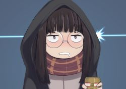 Rule 34 | 1girl, beer can, blue background, blush, brown eyes, brown hair, can, constricted pupils, drink can, holding, hood, long hair, nose blush, parted lips, rimless eyewear, round eyewear, scarf, solo, squid neetommy, striped clothes, striped scarf, toba minami, upper body, yurucamp