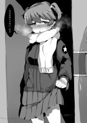 Rule 34 | 1girl, absurdres, alisa (girls und panzer), blush, breath, clothes lift, commentary, cowboy shot, emblem, freckles, fringe trim, frown, girls und panzer, greyscale, hair ornament, half-closed eyes, highres, iw (iw26586381), jacket, lifted by self, long sleeves, looking at viewer, miniskirt, monochrome, parted lips, pleated skirt, saunders military uniform, scarf, short hair, short twintails, skirt, skirt lift, solo, standing, star (symbol), star hair ornament, sweatdrop, translated, twintails