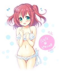 Rule 34 | 10s, 1girl, bikini, blush, clenched hands, dated, flying sweatdrops, frilled bikini, frills, green eyes, halterneck, kurosawa ruby, looking at viewer, love live!, love live! sunshine!!, mizukoshi mayu, navel, open mouth, pink hair, red hair, solo, swimsuit, twintails, twitter username, two side up