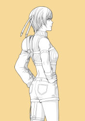 Rule 34 | 1girl, armband, armor, asymmetrical legwear, bare shoulders, breasts, chest strap, cowboy shot, crop top, facing to the side, final fantasy, final fantasy vii, fingerless gloves, gloves, hair between eyes, hands on own hips, headband, highres, looking to the side, medium breasts, midriff, monochrome, profile, sd supa, short hair, short shorts, shorts, shoulder armor, single sleeve, sleeveless, sleeveless turtleneck, smile, solo, turtleneck, yellow background, yuffie kisaragi