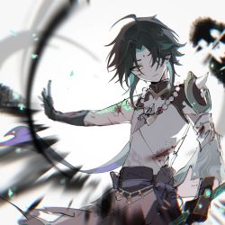 Rule 34 | 1boy, ahoge, arm tattoo, bead necklace, beads, black hair, blood, blood on clothes, closed mouth, commentary request, facial mark, forehead mark, genshin impact, gloves, green hair, hair over one eye, highres, holding, holding weapon, injury, jewelry, male focus, multicolored hair, necklace, polearm, sketch, solo, tassel, tattoo, torn clothes, upper body, vision (genshin impact), weapon, xiao (genshin impact), yellow eyes, yue (shemika98425261)