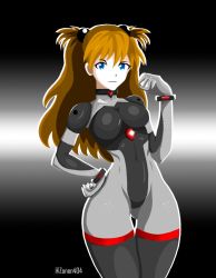 Rule 34 | 1girl, artist name, black bodysuit, blue eyes, bodysuit, breasts, brown hair, curvy, hair bobbles, hair ornament, hand on own hip, highres, long hair, long sleeves, looking at viewer, neon genesis evangelion, shiny clothes, simple background, solo, souryuu asuka langley, two side up, very long hair, wide hips, zonen404