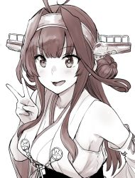 Rule 34 | 1girl, antenna hair, blush, breasts, collarbone, detached sleeves, double bun, eyeshadow, greyscale, hair between eyes, hair bun, hair ornament, hairband, headgear, japanese clothes, kantai collection, kongou (kancolle), kongou kai ni (kancolle), long hair, looking at viewer, makeup, medium breasts, monochrome, nontraditional miko, open mouth, ribbon-trimmed sleeves, ribbon trim, sideboob, simple background, skirt, smile, solo, upper body, v, watanore, white background