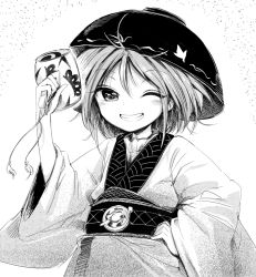 Rule 34 | 1girl, bowl, greyscale, grin, hand on own hip, harusame (unmei no ikasumi), japanese clothes, kimono, looking at viewer, miracle mallet, monochrome, obi, one eye closed, sash, smile, solo, sukuna shinmyoumaru, touhou, upper body, wide sleeves