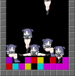Rule 34 | 1girl, bad proportions, black background, blue archive, chibi, jacket, jacket partially removed, purple hair, sechi (sechihyeo), sitting, spread legs, tetris, thick thighs, thighs, triangle hair ornament, two-sided fabric, two-sided jacket, two side up, video game, what, yuuka (blue archive)