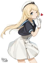 Rule 34 | 1girl, beret, blonde hair, blouse, blue eyes, blue shirt, blush, closed mouth, dress, gloves, hat, heart, jervis (kancolle), kantai collection, long dress, long hair, looking at viewer, one-hour drawing challenge, one eye closed, sailor collar, sailor hat, school uniform, serafuku, shirt, simple background, solo, twitter username, very long hair, white background, white gloves, white hat, yamashichi (mtseven)