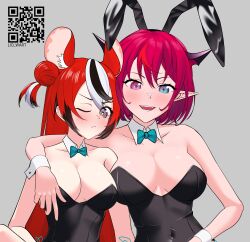 Rule 34 | 2girls, absurdres, animal ears, arm around shoulder, bare shoulders, black hair, black leotard, blue bow, blue bowtie, blush, bow, bowtie, covered navel, detached collar, double bun, fake animal ears, hair bun, hakos baelz, highres, hololive, hololive english, irys (hololive), leotard, lio wart, long hair, looking at viewer, mouse ears, mouse girl, multicolored hair, multiple girls, open mouth, playboy bunny, purple eyes, purple hair, rabbit ears, red hair, short hair, side-tie leotard, strapless, strapless leotard, streaked hair, very long hair, virtual youtuber, white hair, wrist cuffs, yellow eyes