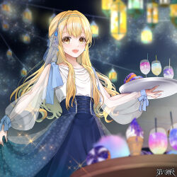 Rule 34 | 1girl, :d, blonde hair, blue skirt, blurry, blurry background, blurry foreground, dairoku ryouhei, doughnut, drink, earrings, erisha paltier, food, holding, holding tray, ice cream cone, jewelry, lantern, long sleeves, night, open mouth, outdoors, see-through, see-through sleeves, shima (shima46653800), shirt, skirt, skirt hold, smile, solo, sparkle, standing, table, tray, white shirt, yellow eyes