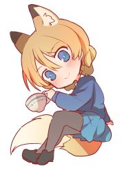 Rule 34 | 10s, 1girl, absurdres, animal ears, arm support, black footwear, black pantyhose, blonde hair, blue eyes, blue skirt, blue sweater, braid, chibi, closed mouth, commentary, cup, darjeeling (girls und panzer), dog ears, dog tail, from side, full body, girls und panzer, head tilt, highres, holding, kemonomimi mode, long hair, long sleeves, looking at viewer, miluke, miniskirt, pantyhose, pleated skirt, school uniform, shoes, short hair, sitting, skirt, smile, sweater, tail, teacup, transparent background, twin braids