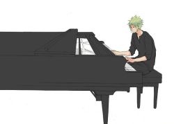 Rule 34 | 1boy, creatures (company), game freak, grand piano, green hair, gym leader, instrument, male focus, nintendo, piano, piano bench, pokemon, simple background, sitting, solo, volkner (pokemon), white background