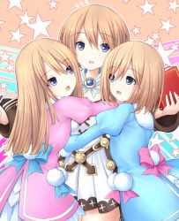 Rule 34 | 3girls, black bow, blanc (neptunia), blonde hair, blue coat, blue eyes, book, bow, coat, commentary request, dress, hair between eyes, holding, holding book, hug, joney, long hair, long sleeves, looking at another, multiple girls, neptune (series), open mouth, puffy sleeves, purple coat, ram (neptunia), rom (neptunia), short hair, siblings, sisters, star (symbol), twins, white dress