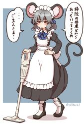 1girl alternate_costume animal_ears apron back_bow black_dress blue_bow blue_bowtie blush bow bowtie commentary_request dress enmaided grey_hair hand_on_own_hip highres holding_vacuum_cleaner juliet_sleeves long_sleeves looking_at_viewer maid maid_apron maid_headdress mouse_ears mouse_girl mouse_tail nazrin open_mouth puffy_sleeves red_eyes shadow shitacemayo shoes solo speech_bubble tail touhou translation_request twitter_username vacuum_cleaner white_apron white_bow