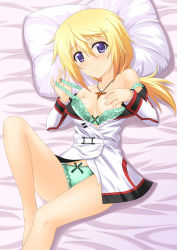 Rule 34 | 10s, 1girl, bare shoulders, blonde hair, bra, breasts, charlotte dunois, cleavage, green bra, green panties, infinite stratos, jewelry, lingerie, long hair, long legs, lying, masakichi (crossroad), necklace, open clothes, panties, pillow, ponytail, purple eyes, small breasts, smile, solo, underwear, undressing, uniform